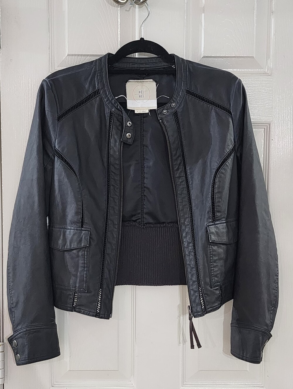​Anthropologie Hei Hei Black Faux Leather Cropped Moto Jacket - Small